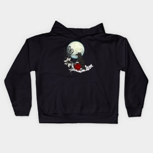 black raven in skeleton hand with a rose in front of a full moon Kids Hoodie